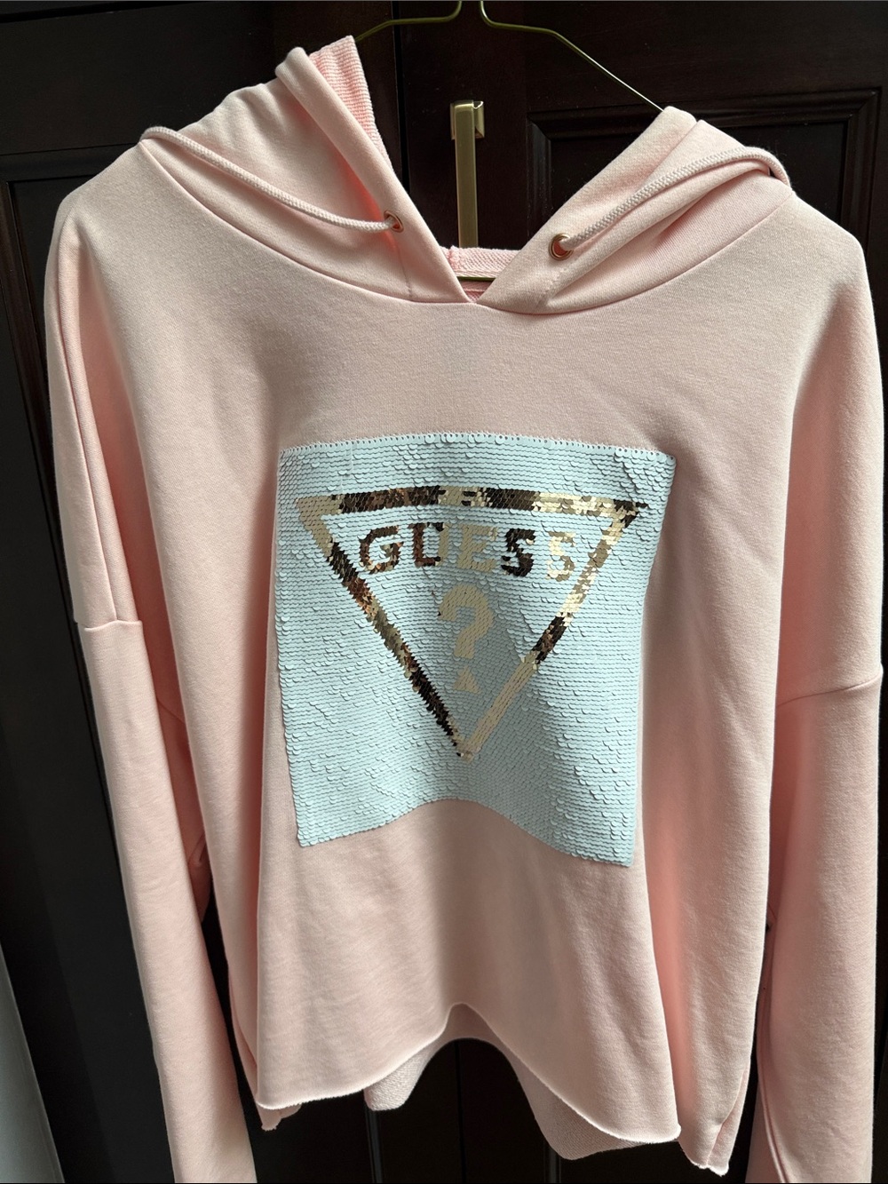 Guess Light Pink Cropped Hoodie with Sequin Logo Detail